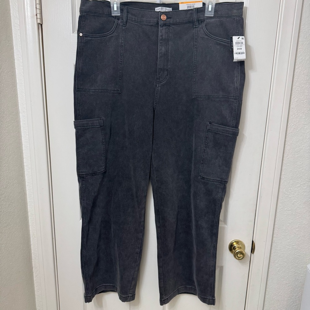 And Now This Plus 24W Black Gray Wash Denim Cargo Jean Wide StraightLeg Hi Rise